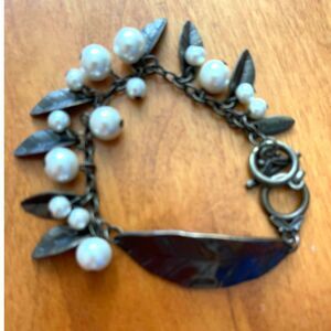 Plunder Design Fairy Boho Witchy Bronze Leaf Faux Pearl Toggle Bracelet Nature